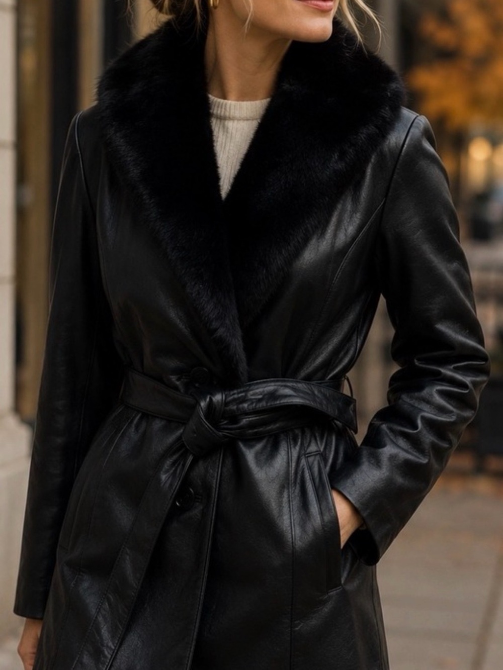Wilsons Leather XL Black Leather Fur Collar Coat